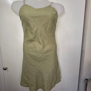 BITON Olive Green Linen Slip Dress Spaghetti Strap Mini S coastal chic Scandi